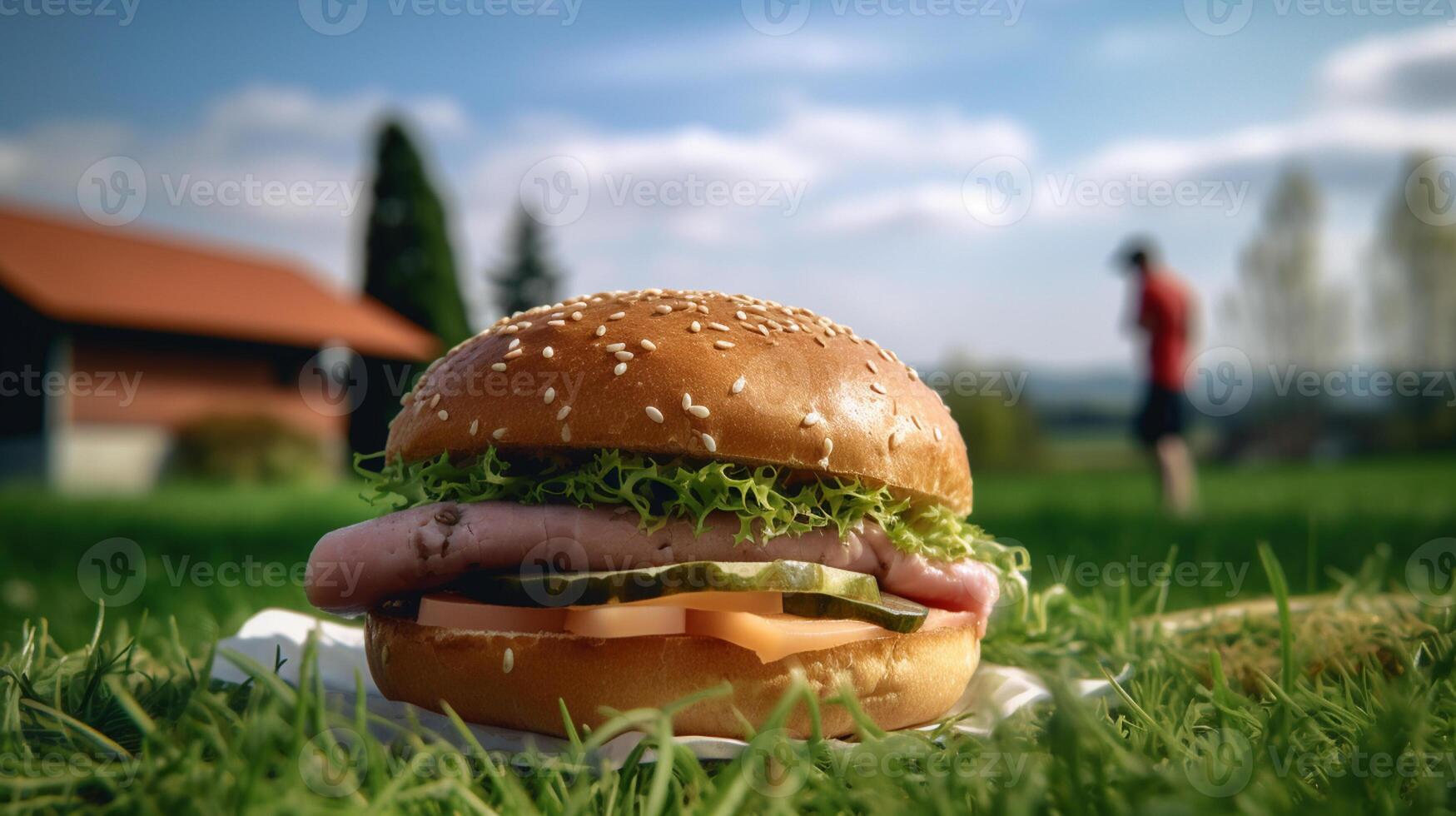 Closeup of hamburger on wooden table with blurred background, photo