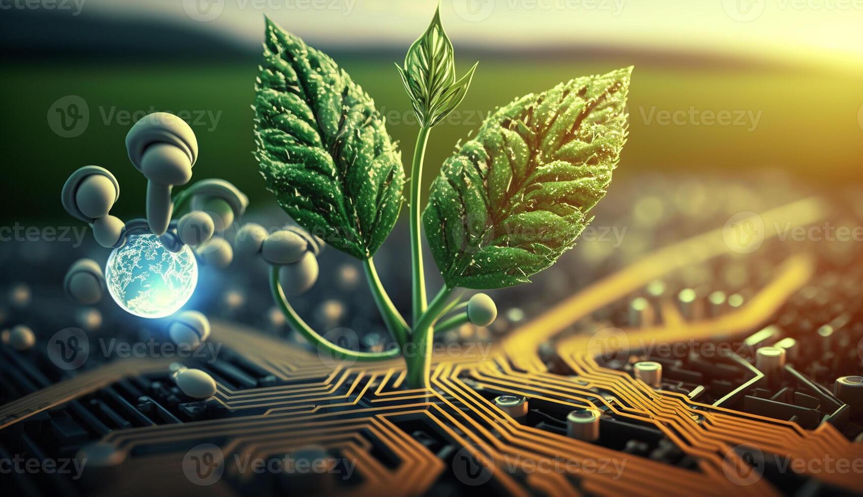 chemical formula and green leaves in abstract space background, photo