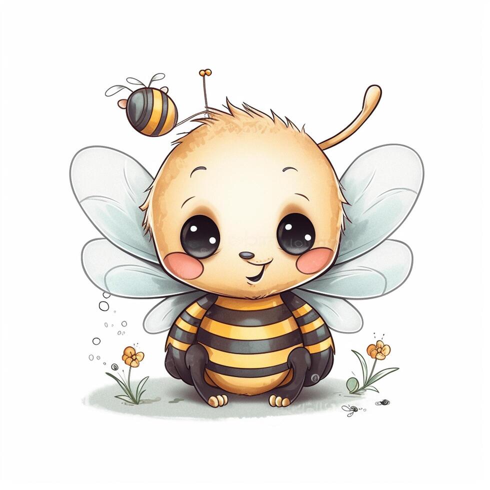 Cute cartoon bee with flowers on white background, photo