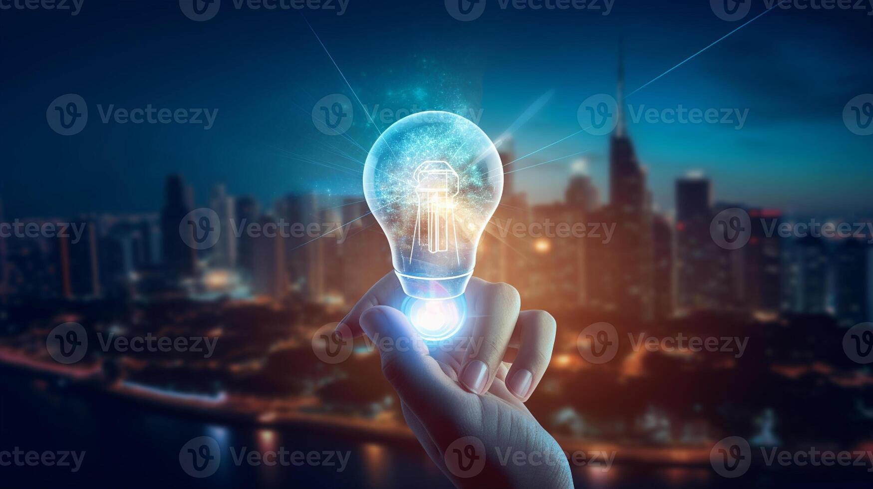 Close up of human hand holding light bulb on dark background, Business Idea Concept, photo