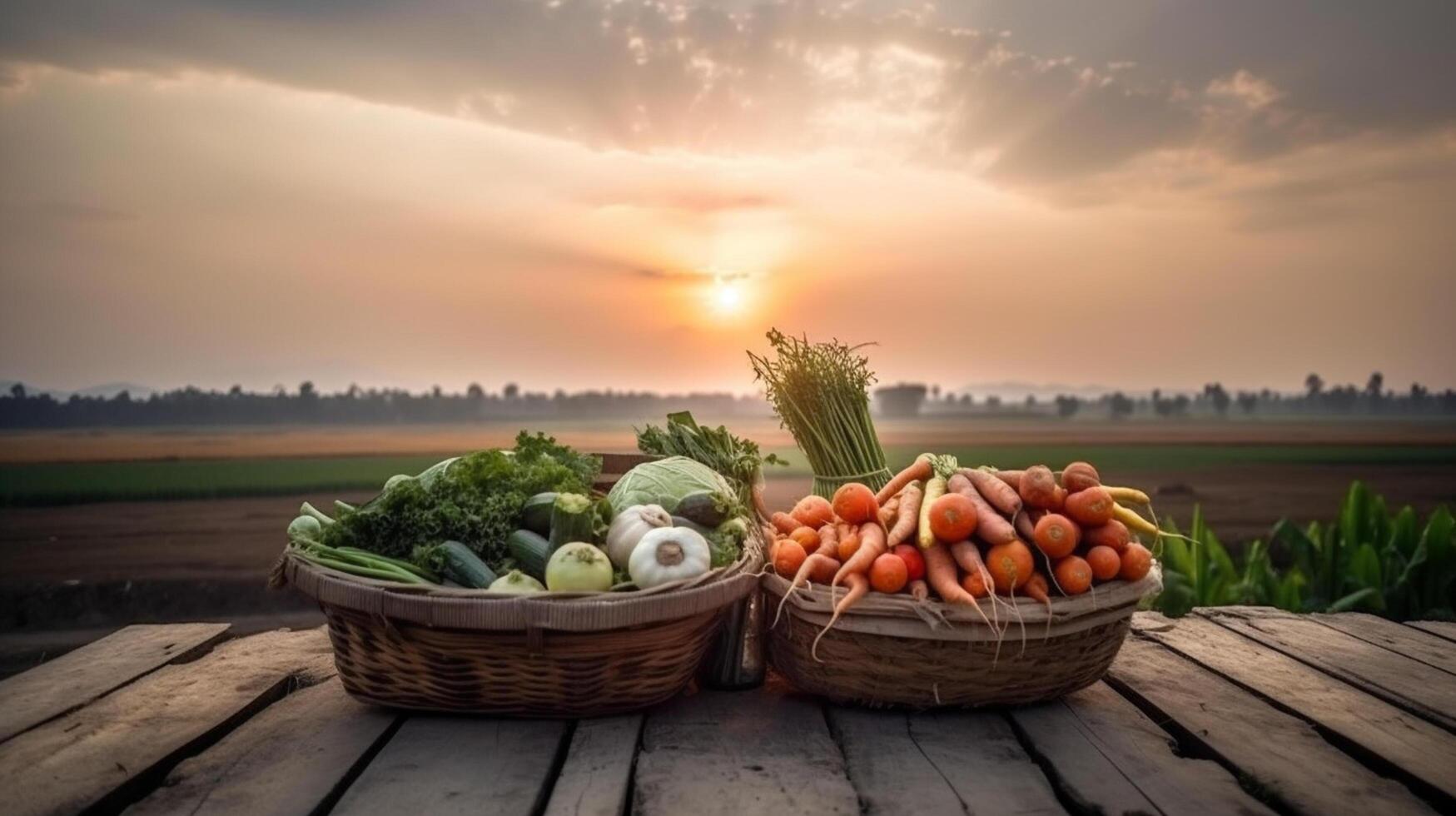 Fresh vegetables on the wooden table in the Village with sunset background, photo