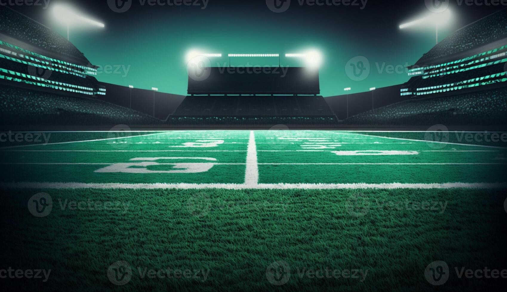 american football stadium with green field and lights, photo