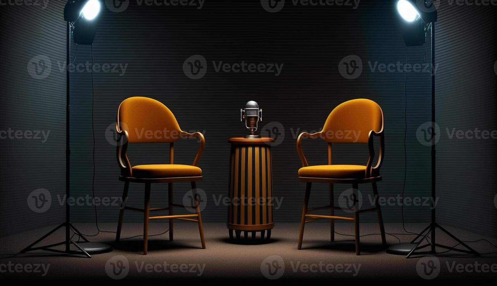 Two chairs and microphones in Studio for podcast or interview, photo