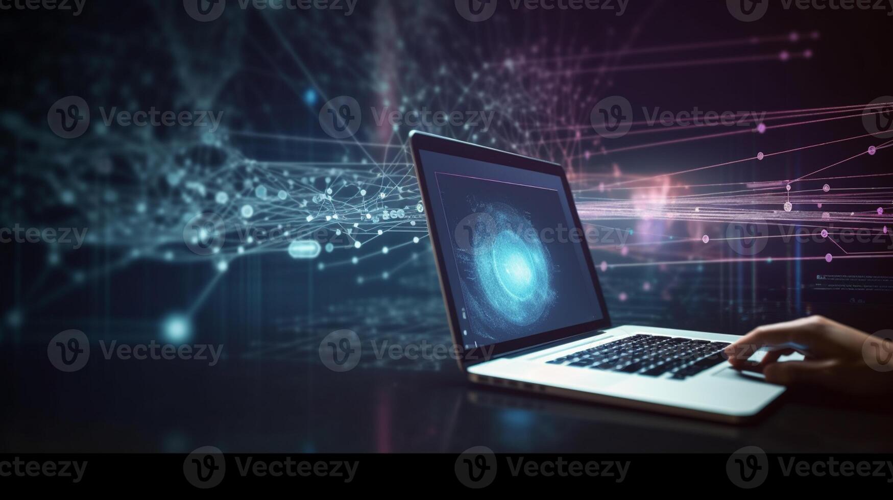 Technology Laptop with abstract network hologram on dark background, photo