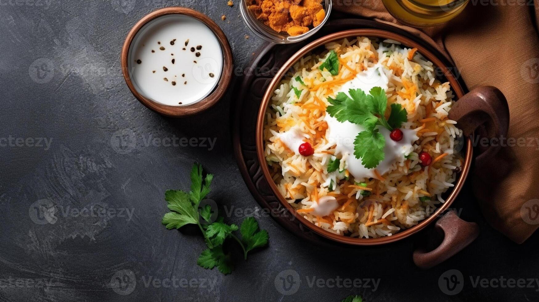 cuenco de arroz con carne y vegetales en oscuro antecedentes. parte superior vista, generativo ai foto