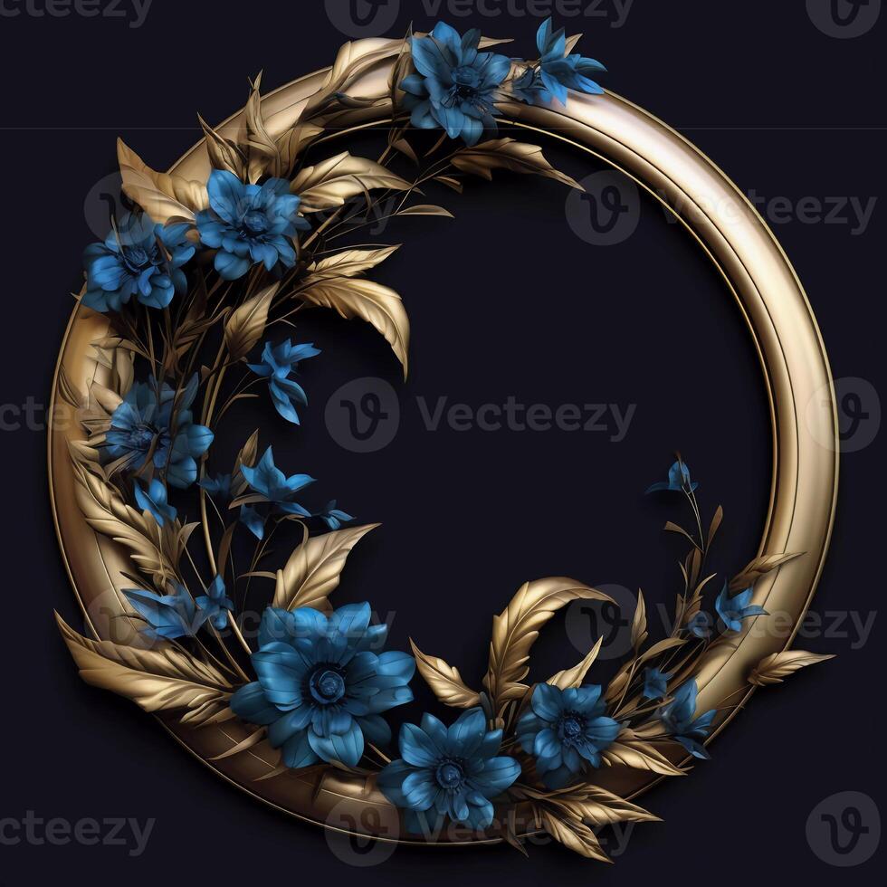 3d golden wreath decoration frame with blue and green flowers photo