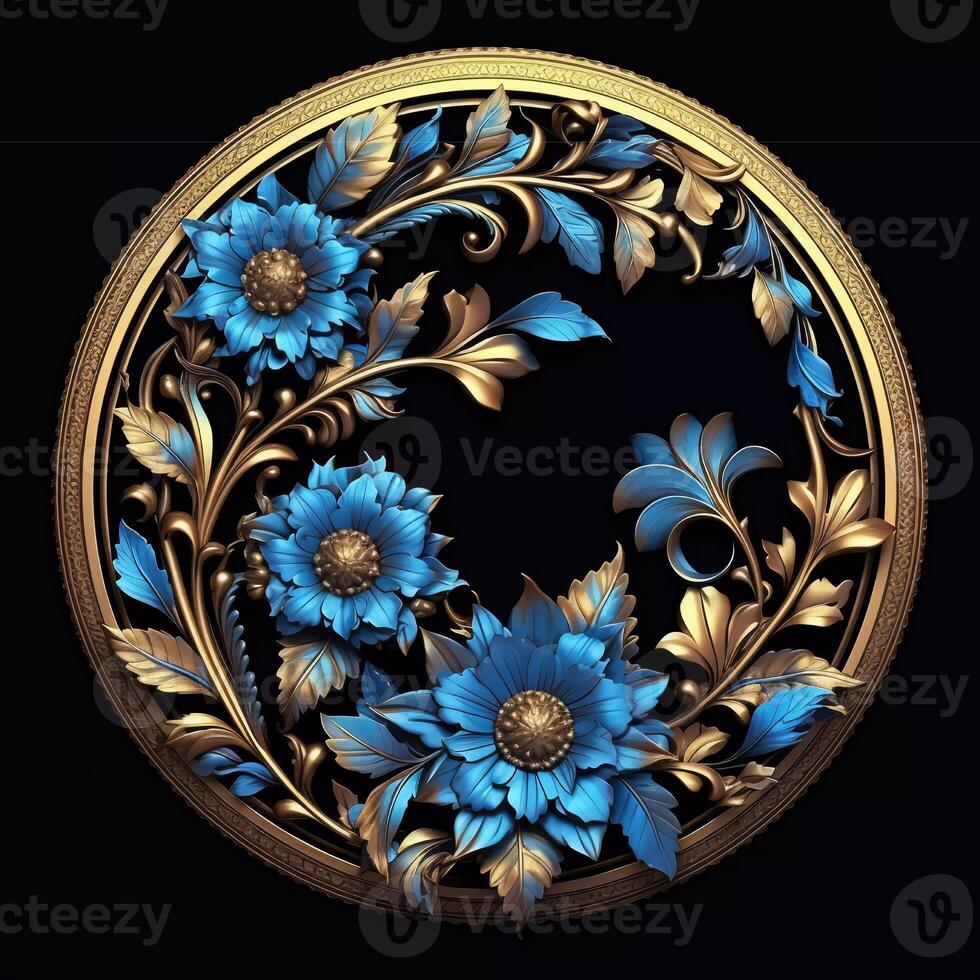 3d golden wreath decoration frame with blue and green flowers photo