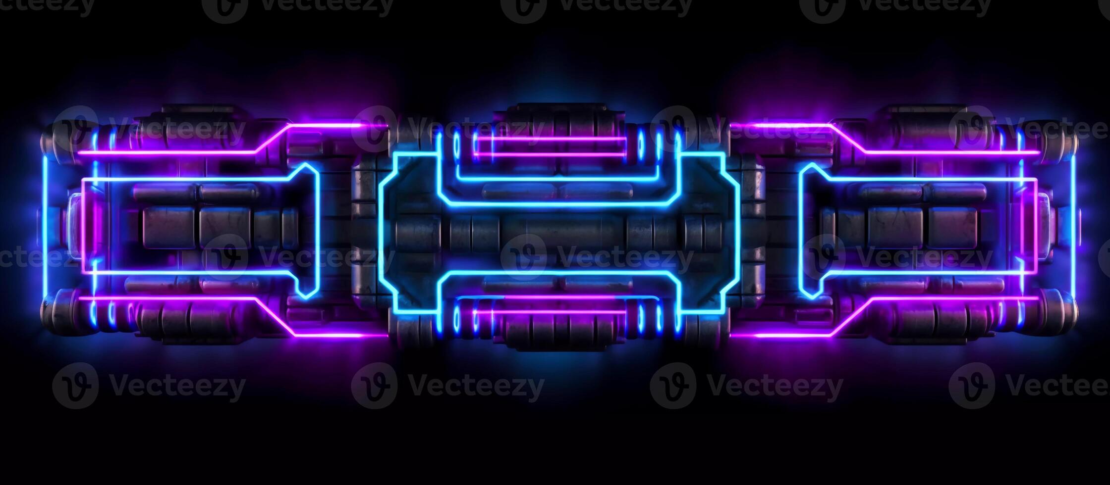 striking design features a unique combination of blue and purple neon lights against a black background, with reflective concrete adding a touch of texture and depth photo