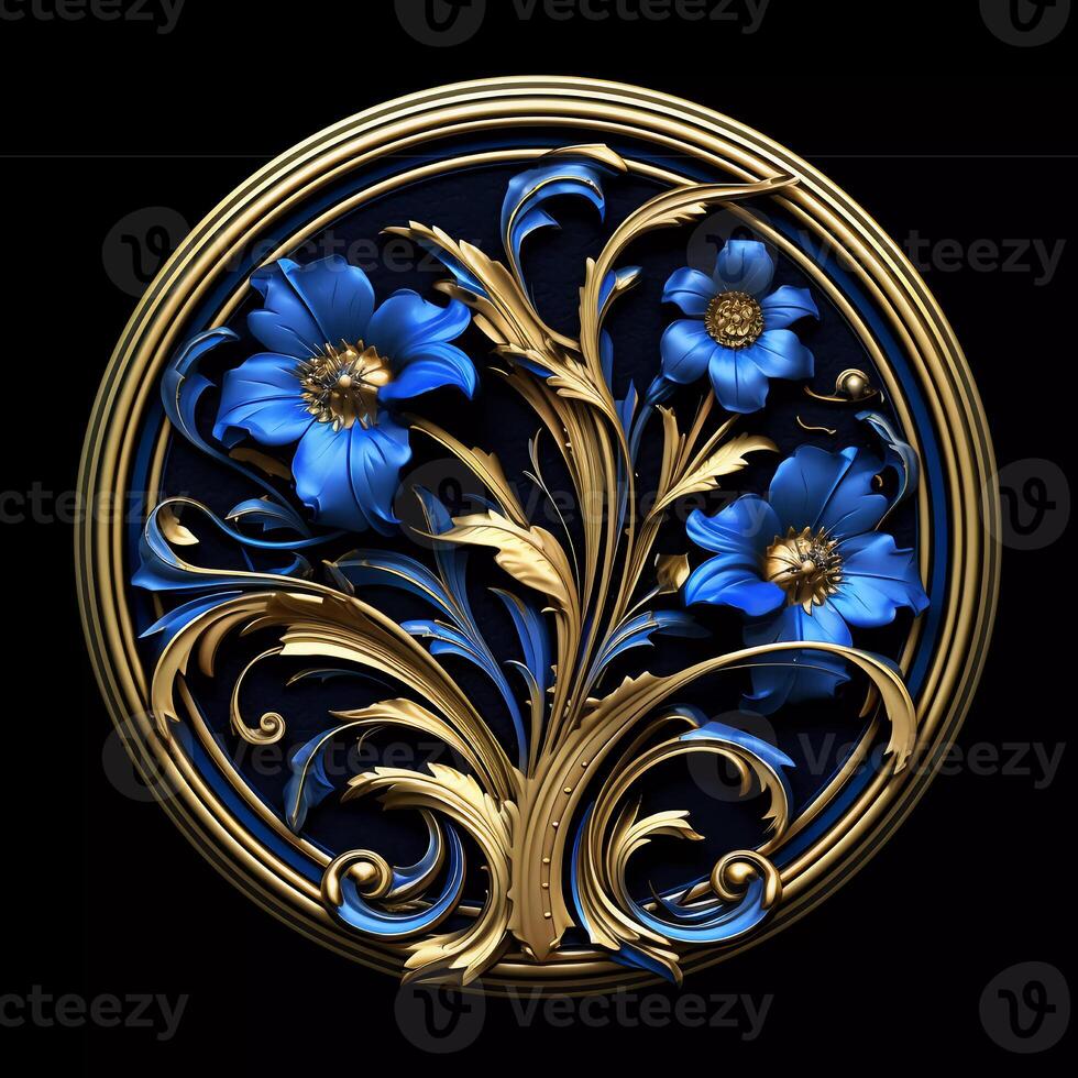 3d golden wreath decoration frame with blue and green flowers photo