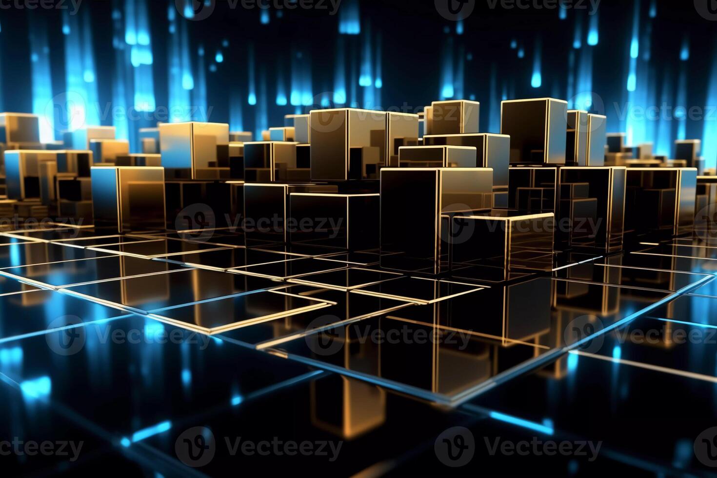 digitally animated background lighted blocks and lights, intertwined networks, gold and azure, spatial concept art, RTX on photo