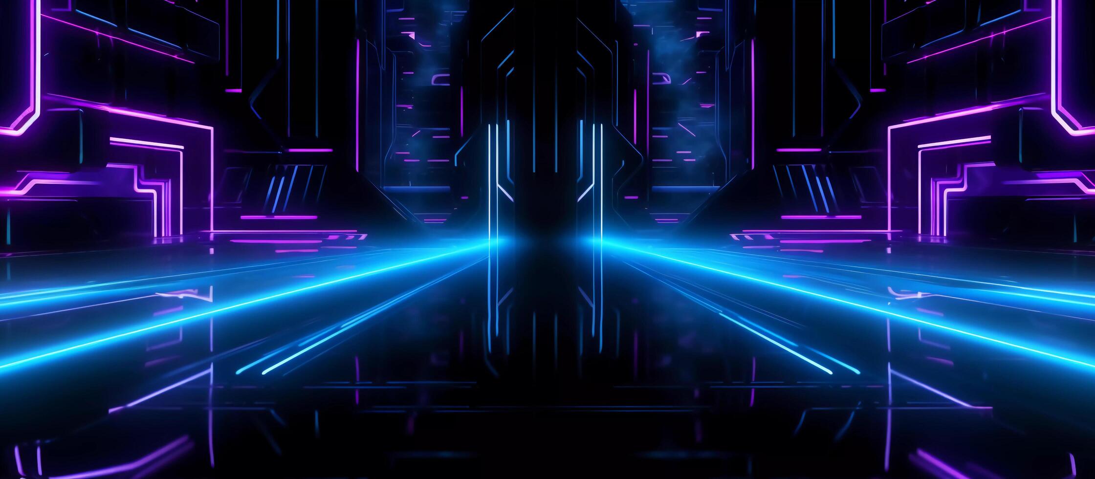 stunning sci-fi abstract design features a combination of blue and purple neon lights against a black background, with reflective concrete adding a touch of depth and texture photo