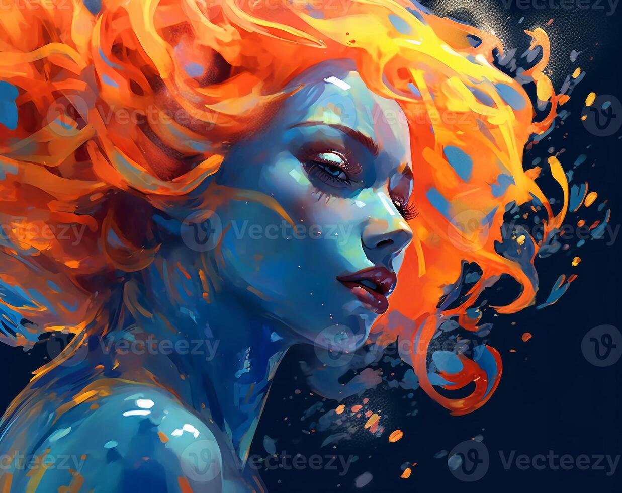 art of a lady with colorful liquid paint on her face, distorted and fractured, light black and navy photo