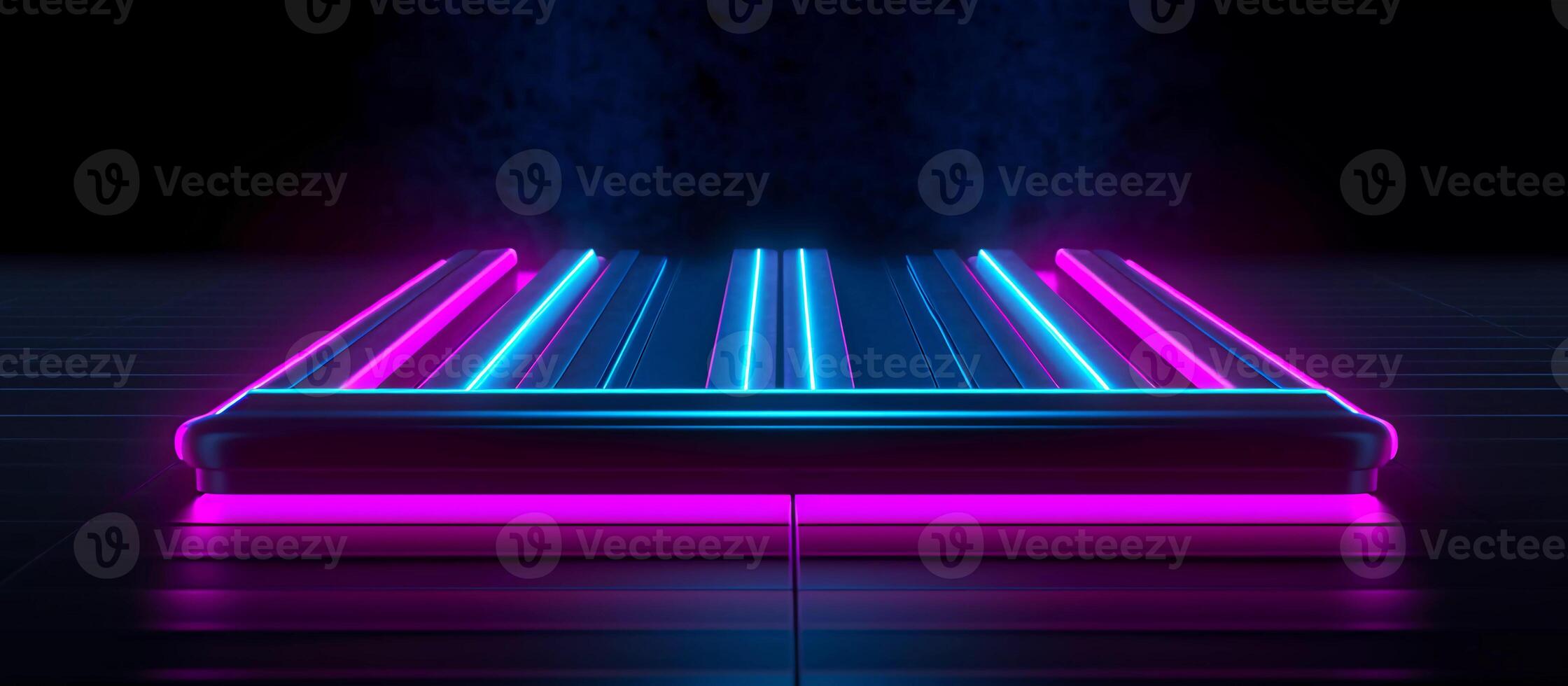 striking design features a unique combination of blue and purple neon lights against a black background, with reflective concrete adding a touch of texture and depth photo