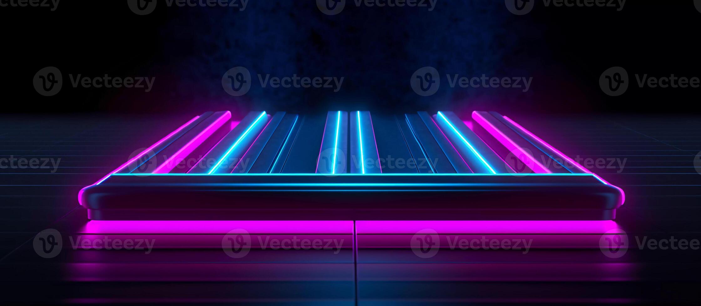 striking design features a unique combination of blue and purple neon lights against a black background, with reflective concrete adding a touch of texture and depth photo