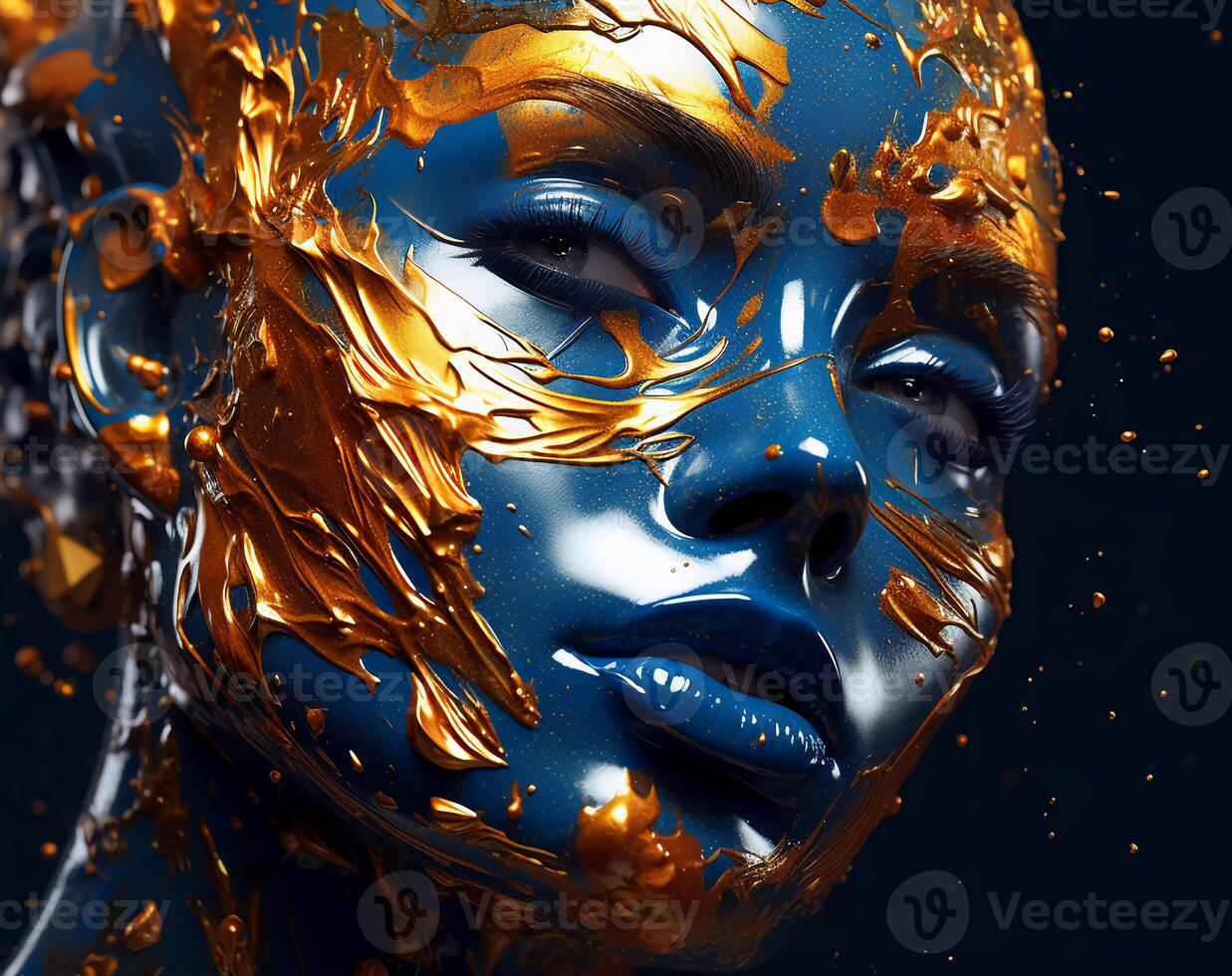 art of a lady with colorful liquid paint on her face, distorted and fractured, light black and navy photo