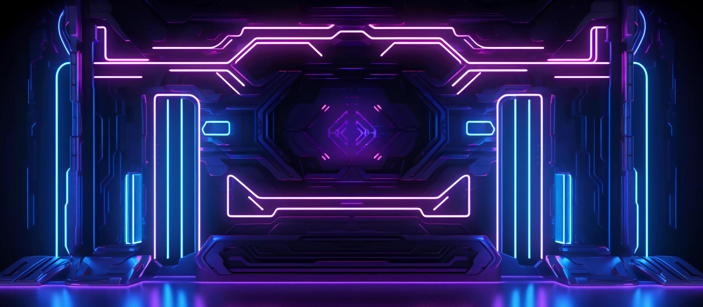 stunning sci-fi abstract design features a combination of blue and purple neon lights against a black background, with reflective concrete adding a touch of depth and texture photo