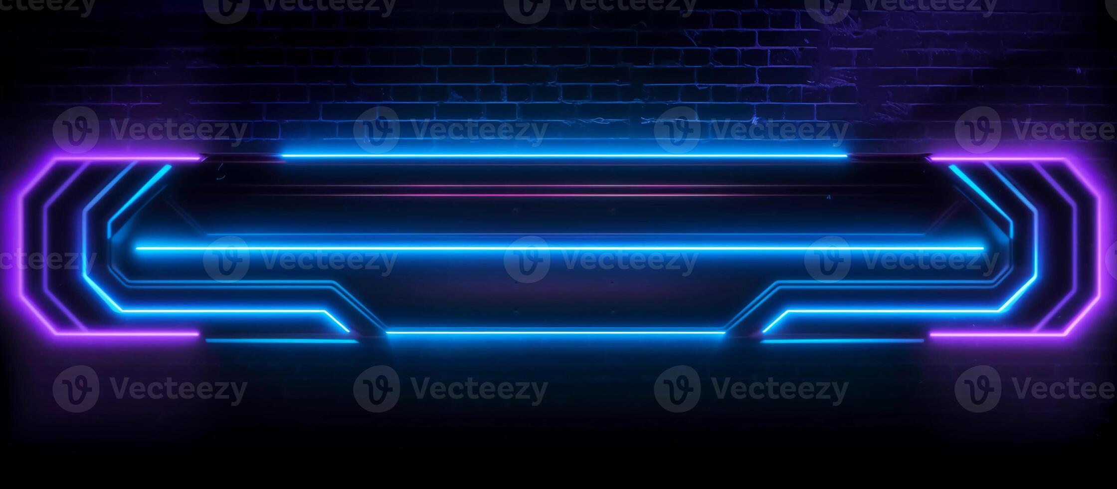 striking design features a unique combination of blue and purple neon lights against a black background, with reflective concrete adding a touch of texture and depth photo