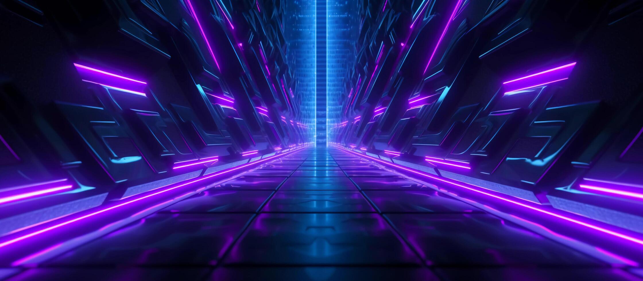 stunning sci-fi abstract design features a combination of blue and purple neon lights against a black background, with reflective concrete adding a touch of depth and texture photo