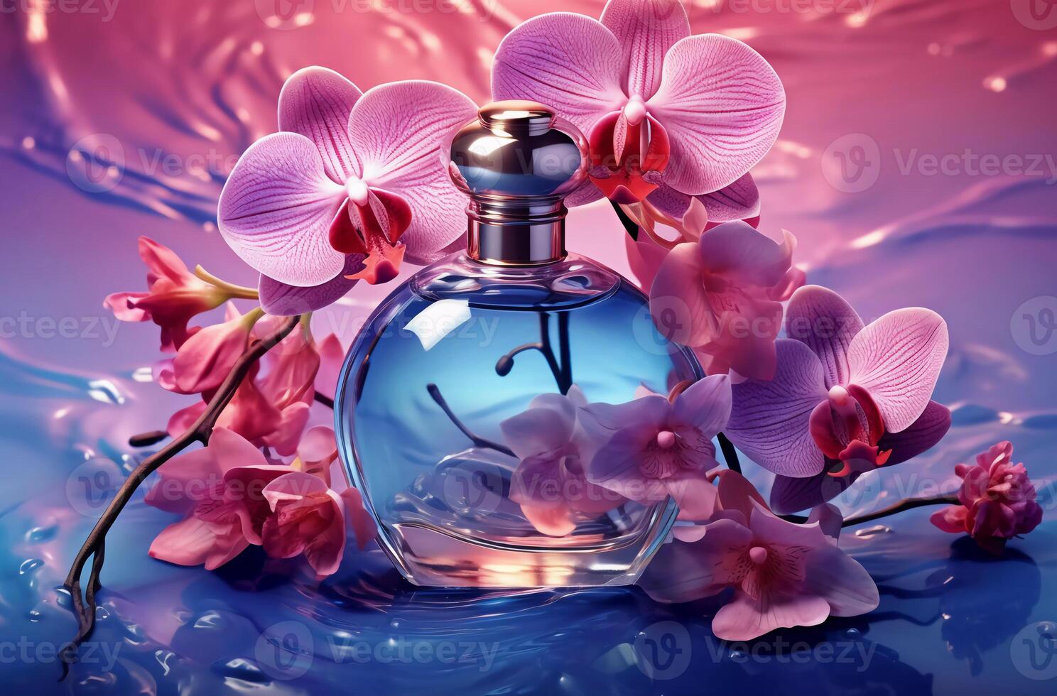 cosmetic set of blue bottles with purple violet and orchids photo