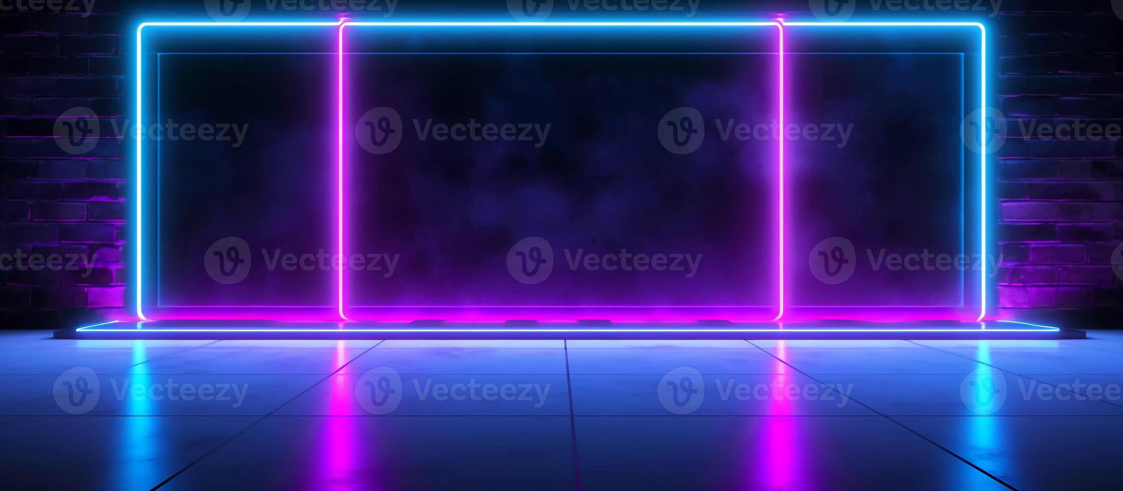 striking design features a unique combination of blue and purple neon lights against a black background, with reflective concrete adding a touch of texture and depth photo