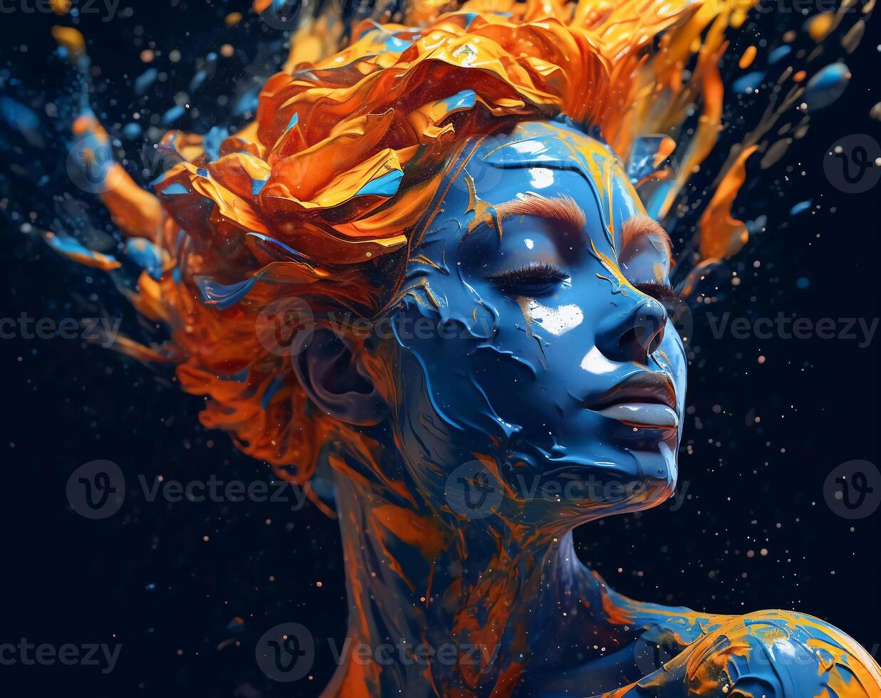 art of a lady with colorful liquid paint on her face, distorted and fractured, light black and navy photo