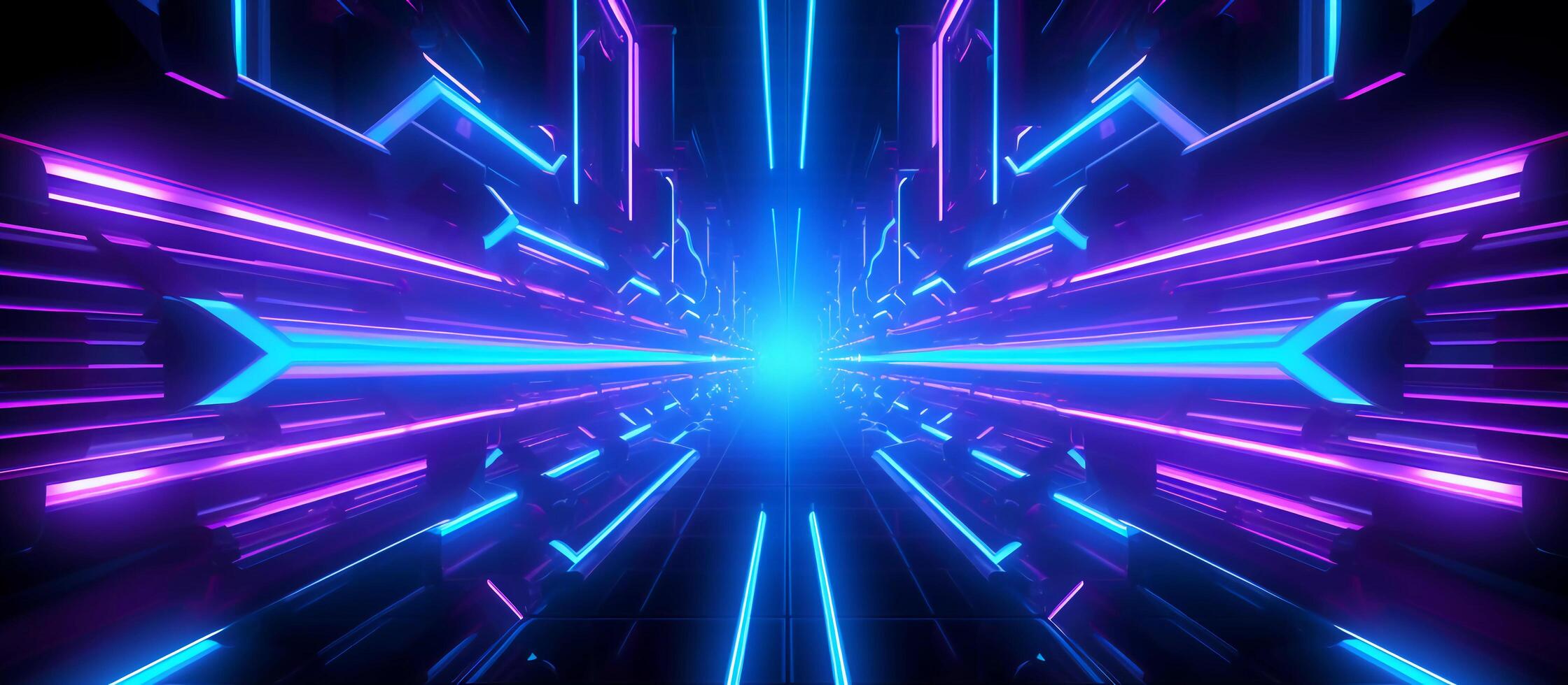 stunning sci-fi abstract design features a combination of blue and purple neon lights against a black background, with reflective concrete adding a touch of depth and texture photo