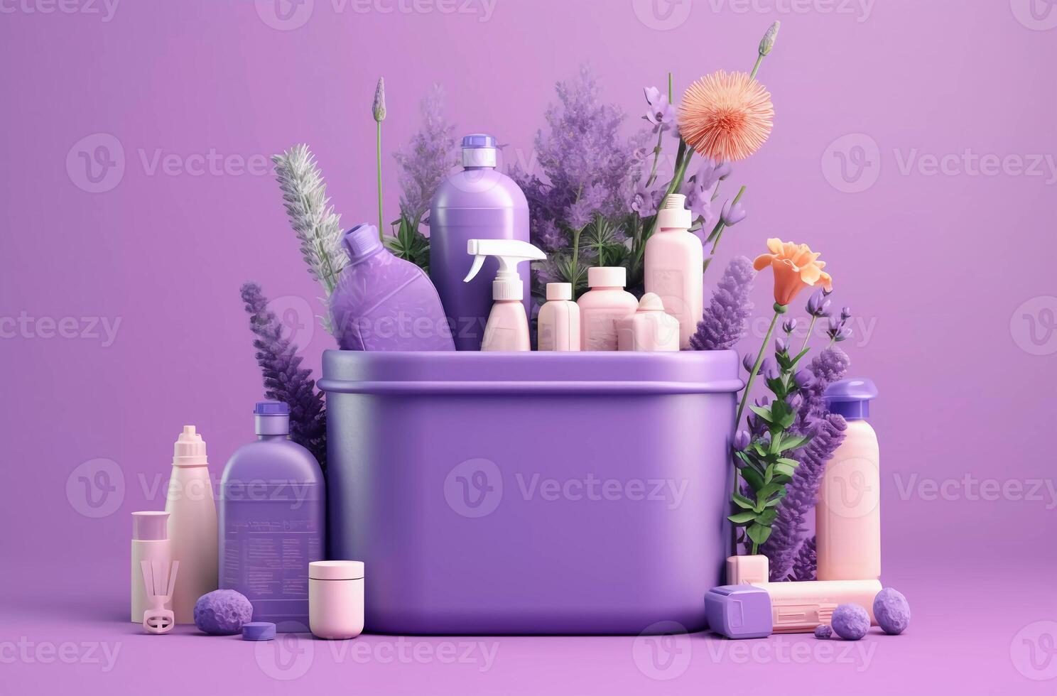 various lavender cosmetic products and products on a purple background, in the style of daz3d, teal and purple photo