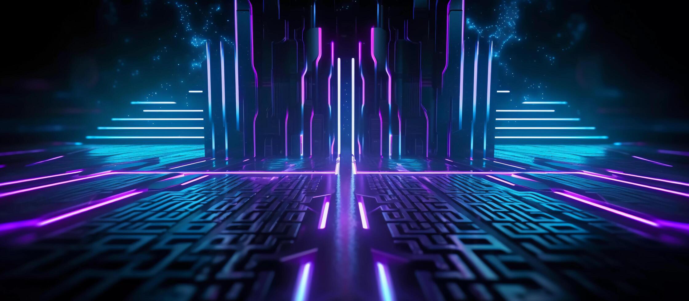 stunning sci-fi abstract design features a combination of blue and purple neon lights against a black background, with reflective concrete adding a touch of depth and texture photo