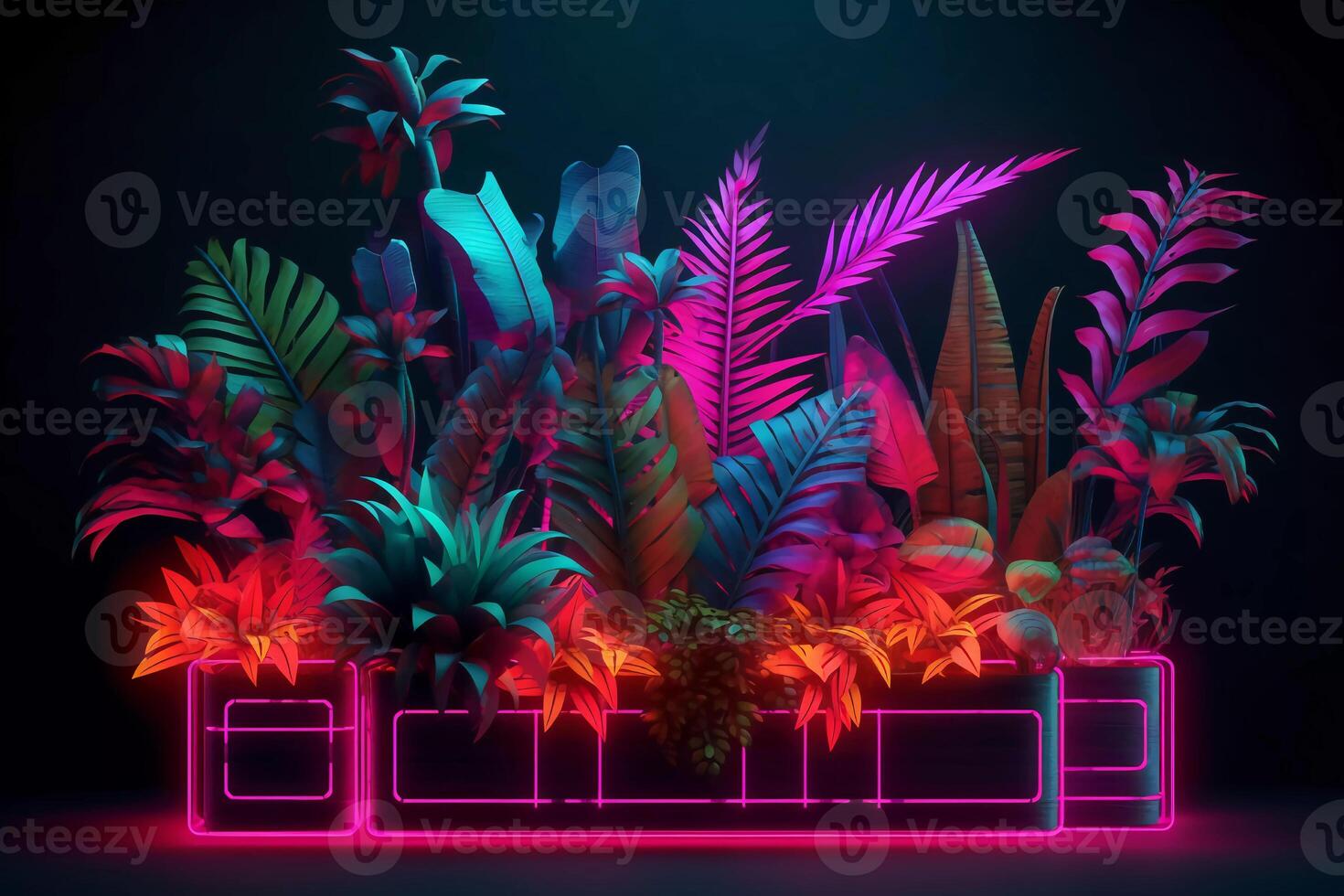 tropical plants futuristic elements, succulent ferns, neon pop photo