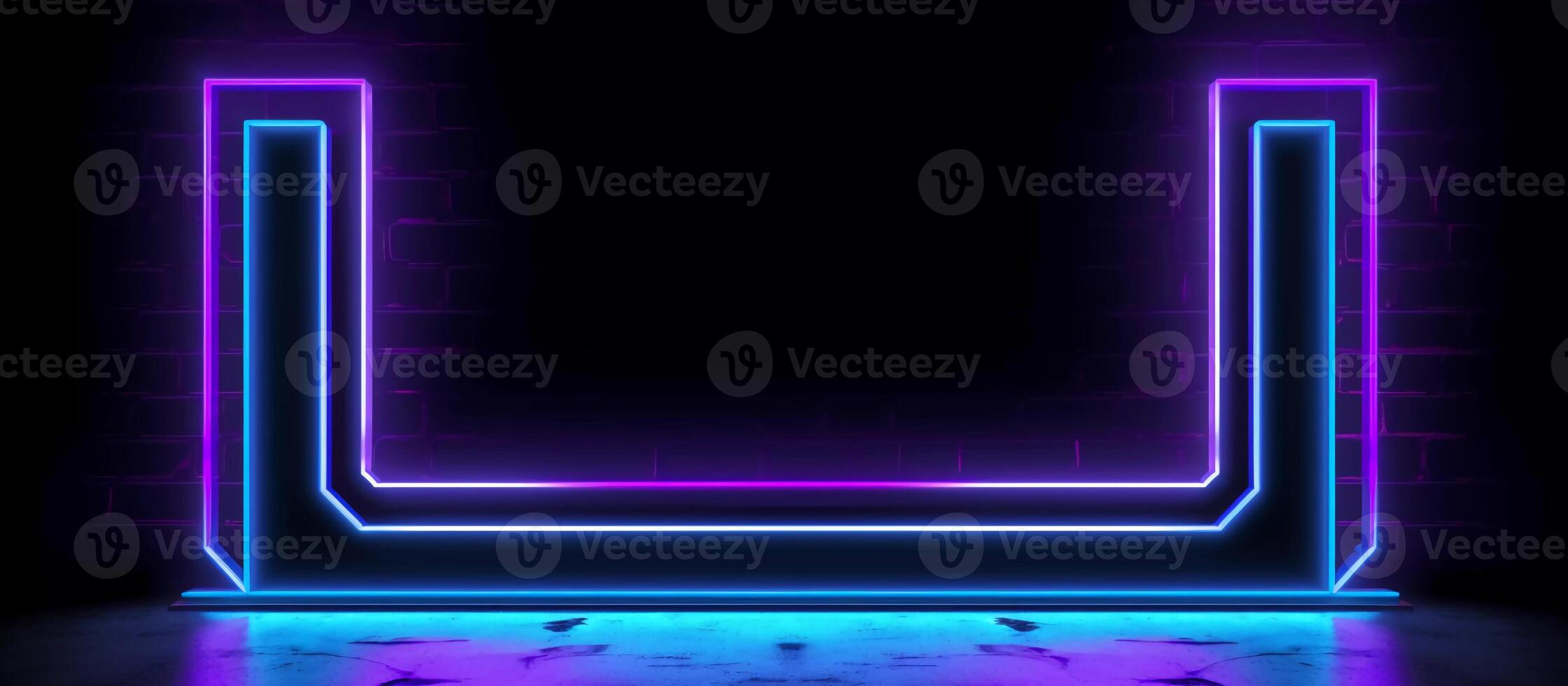 striking design features a unique combination of blue and purple neon lights against a black background, with reflective concrete adding a touch of texture and depth photo