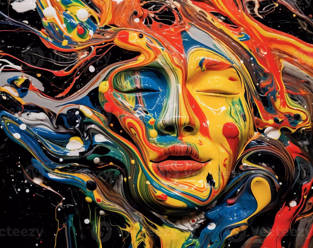 art of a lady with colorful liquid paint on her face, distorted and fractured, light black and navy photo