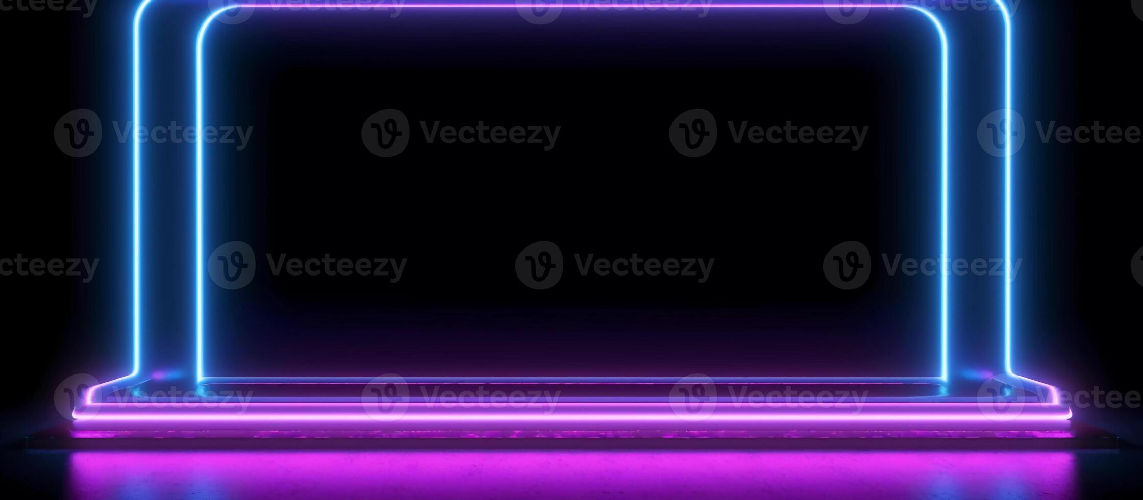 striking design features a unique combination of blue and purple neon lights against a black background, with reflective concrete adding a touch of texture and depth photo