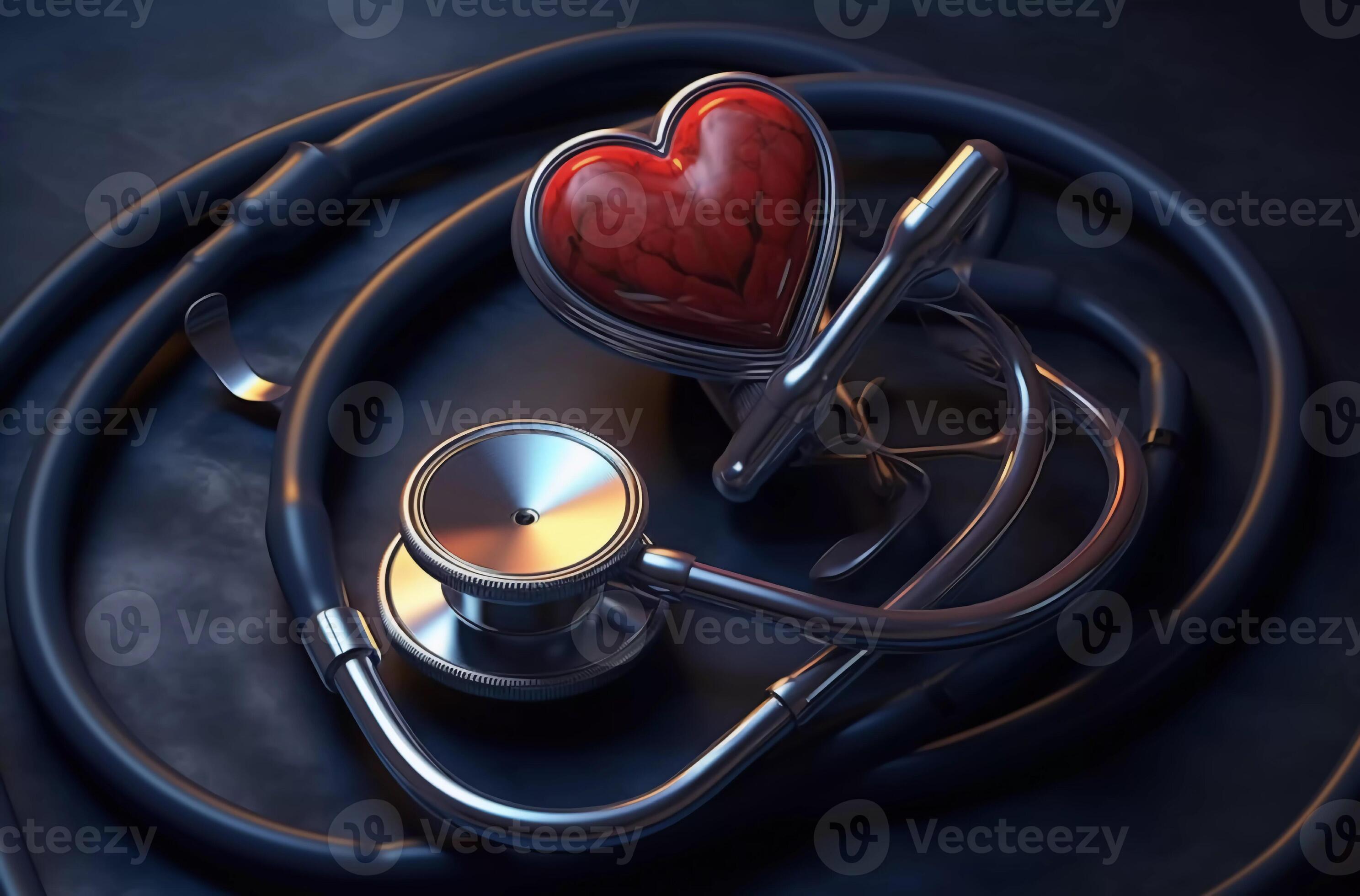 a heart between two stethoscopes, in the style of light red and dark
