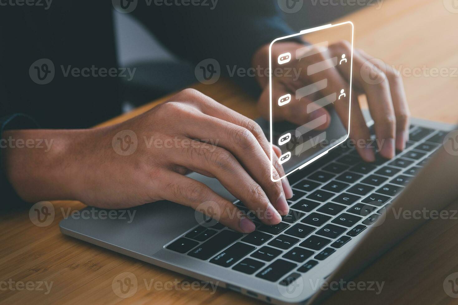 Digital information technology concept. Businessman touching artificial intelligence icon. Chatbot and AI concept. photo