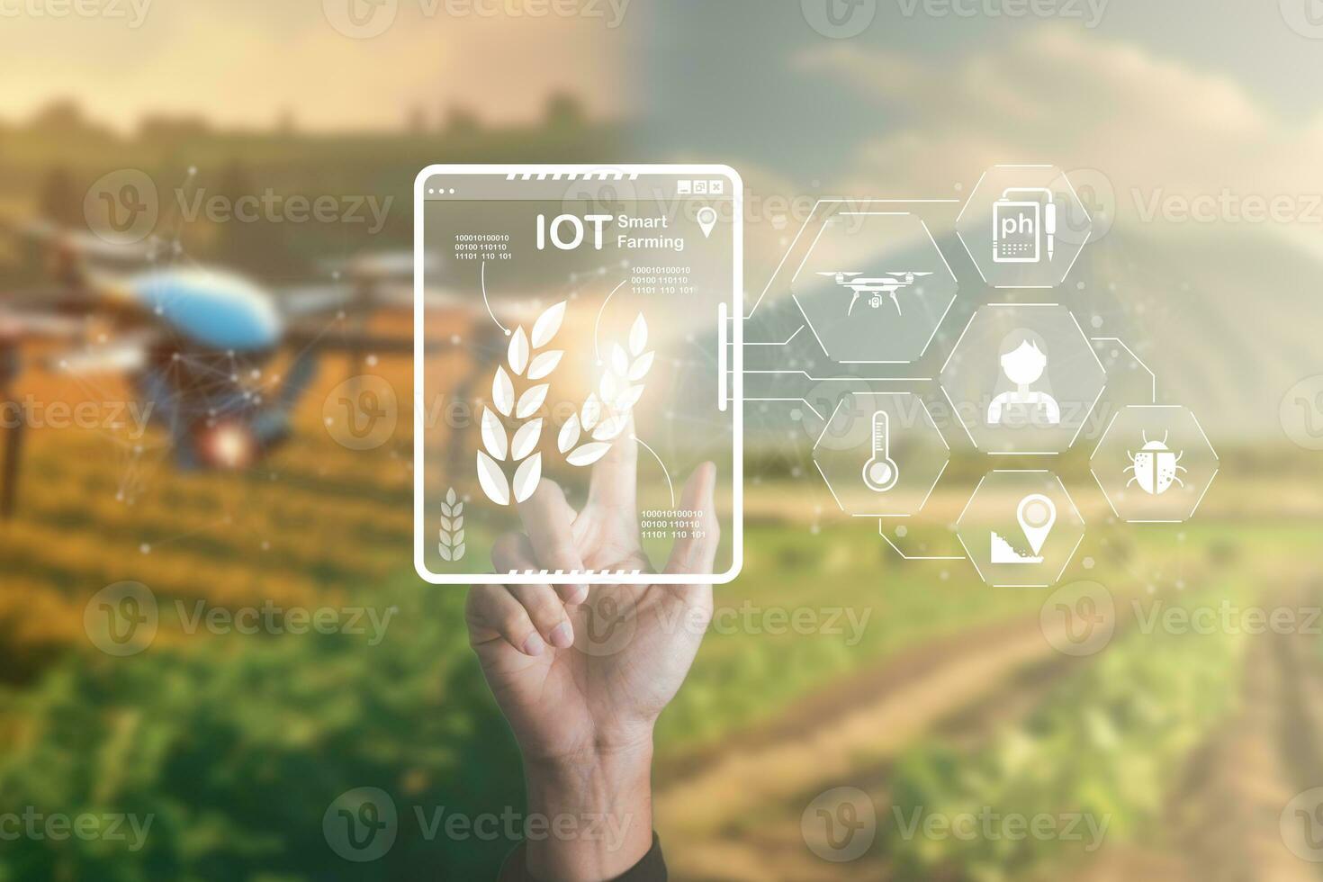 Smart Farming using IOT Internet Of Thinking technology and analysis with AI artificak intelligence help to improvement, research and development productivity of farming. photo