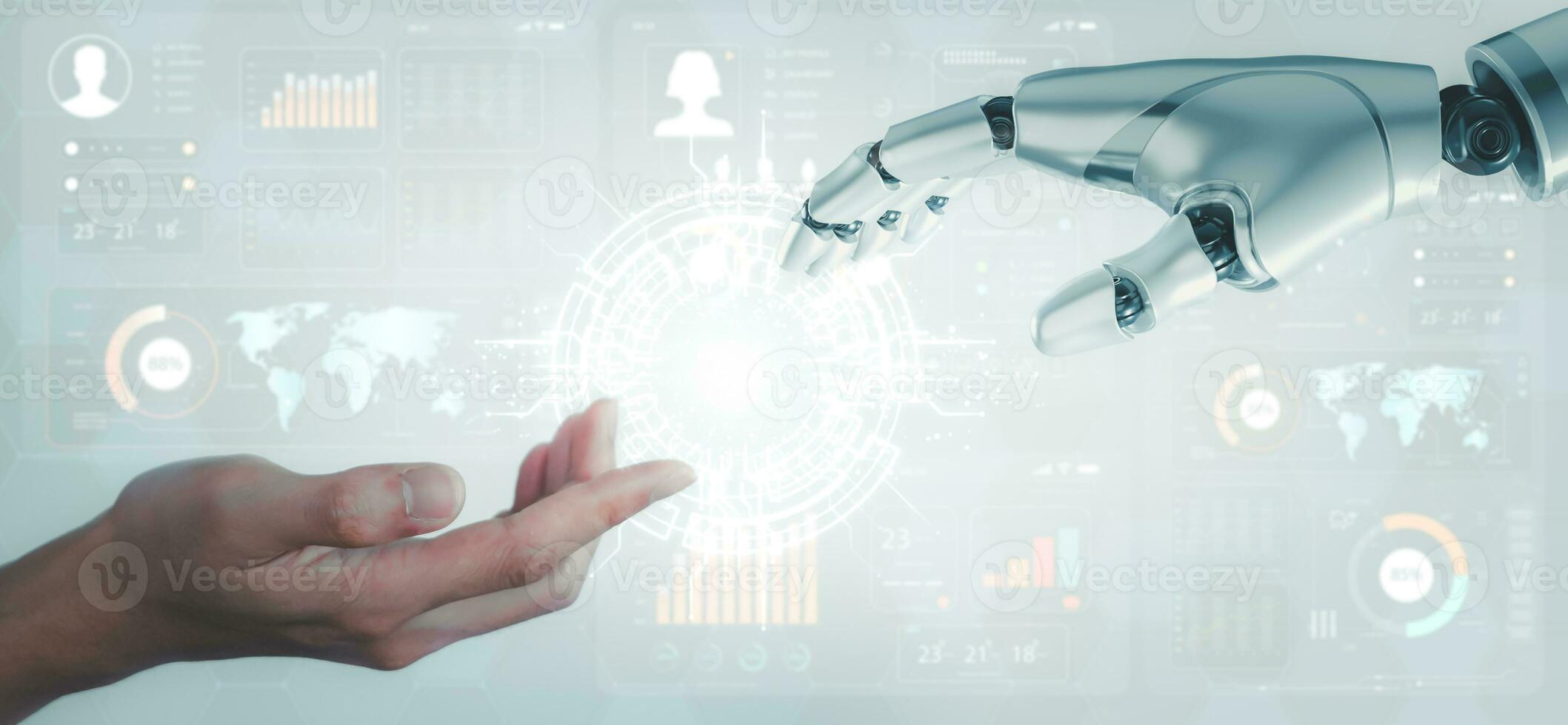 Digital information technology concept. Businessman and artificial intelligence icon on the screen. Chatbot and AI concept. photo