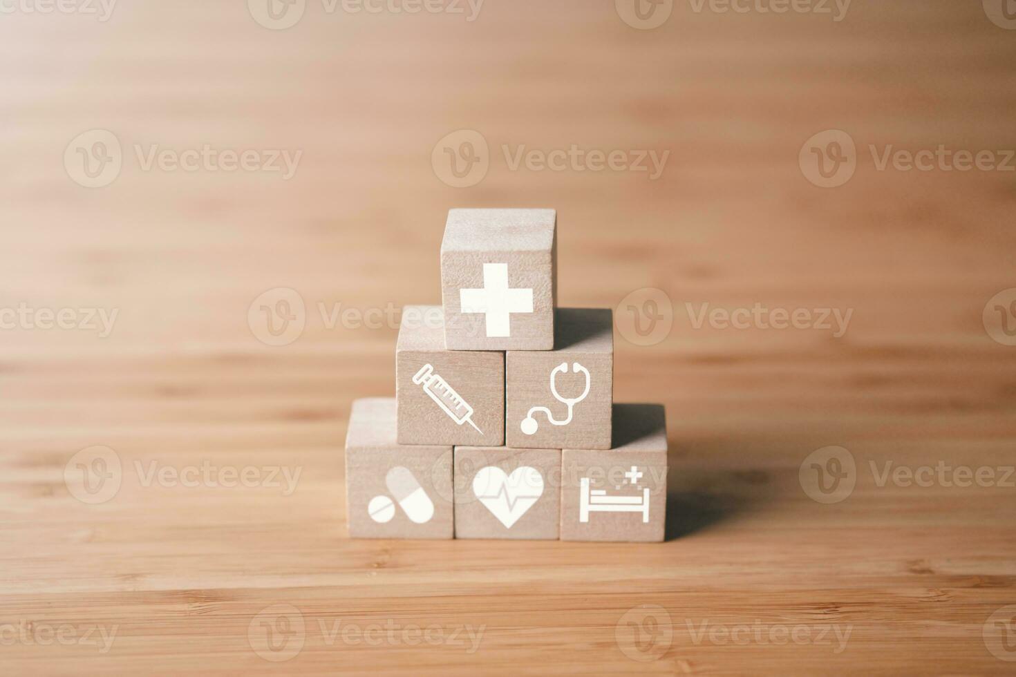 Wooden block medical icons. Health medical and health insurance concept. photo