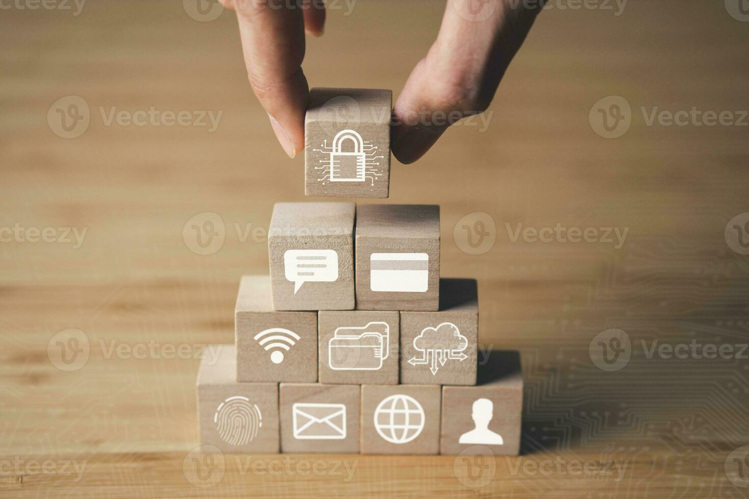 Data Security system concept, wooden blocks of security icon, innovation technology, cloud computing, internet network communication photo
