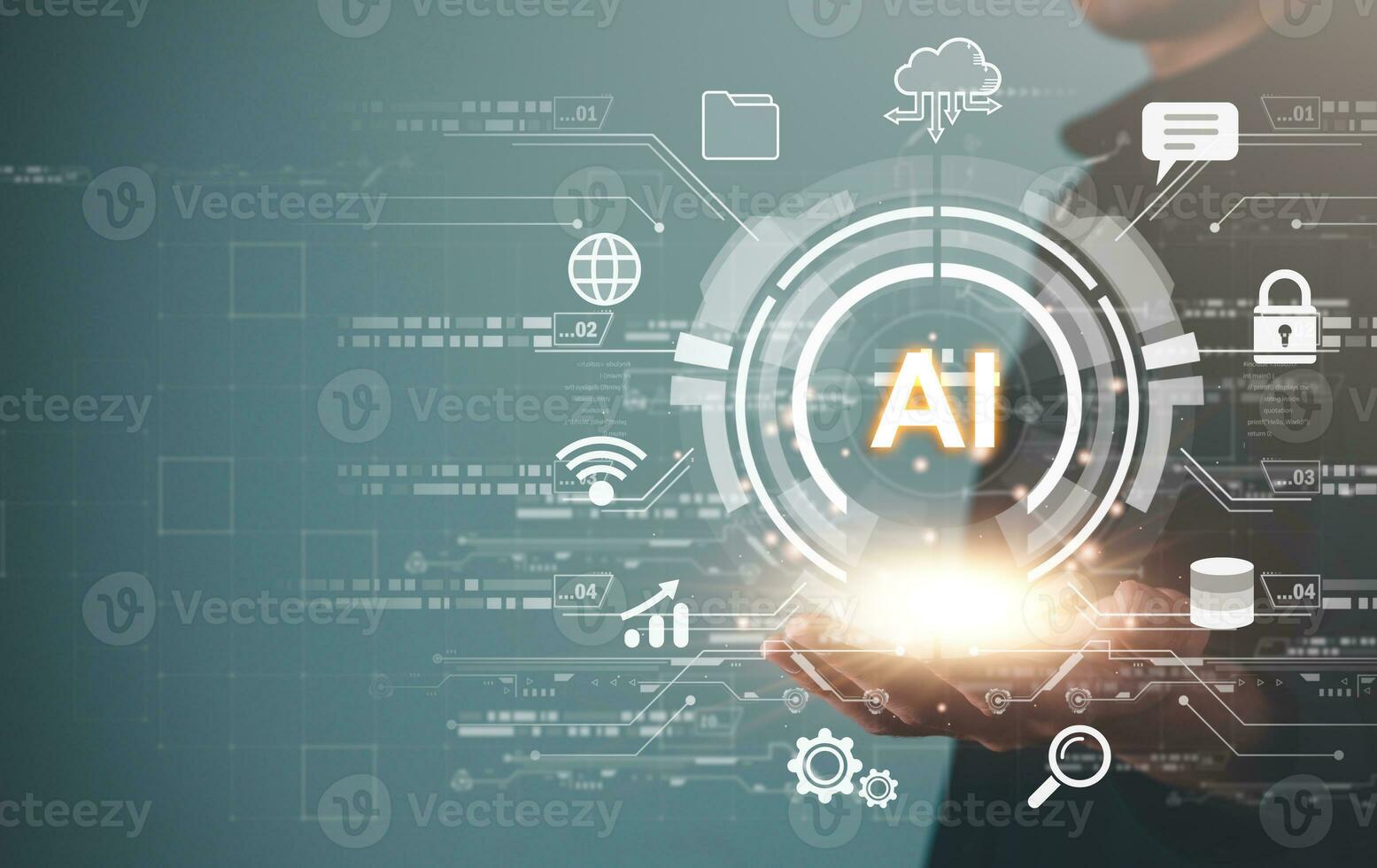 Digital information technology concept. Businessman touching artificial intelligence icon. Chatbot and AI concept. photo