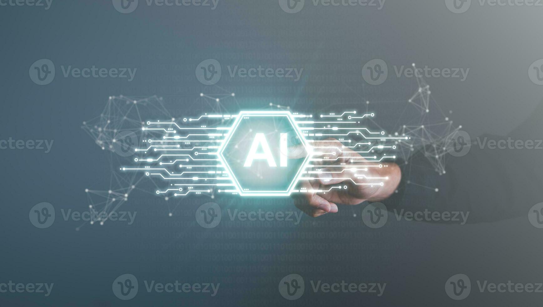 Digital information technology concept. Businessman touching artificial intelligence icon. Chatbot and AI concept. photo