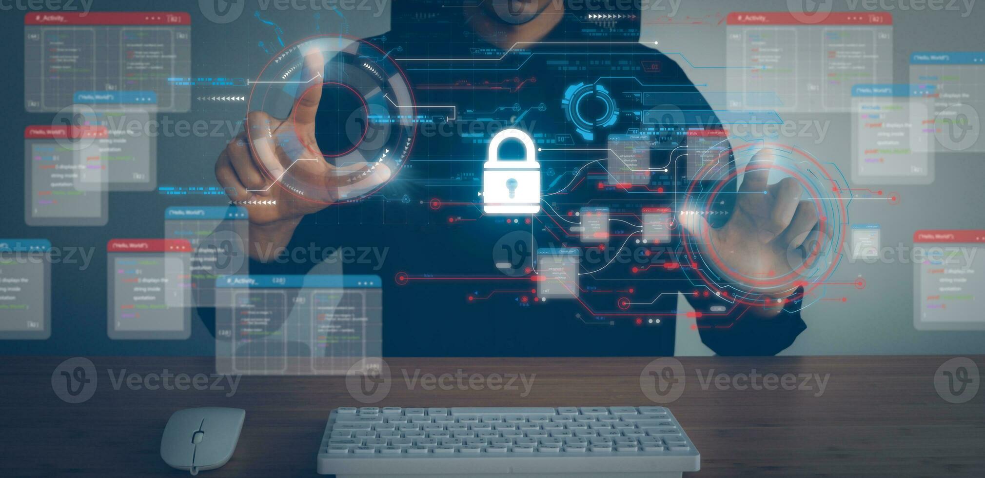Data Security system concept, Business man use digital screen with security icon screen, innovation technology, cloud computing, internet network communication photo