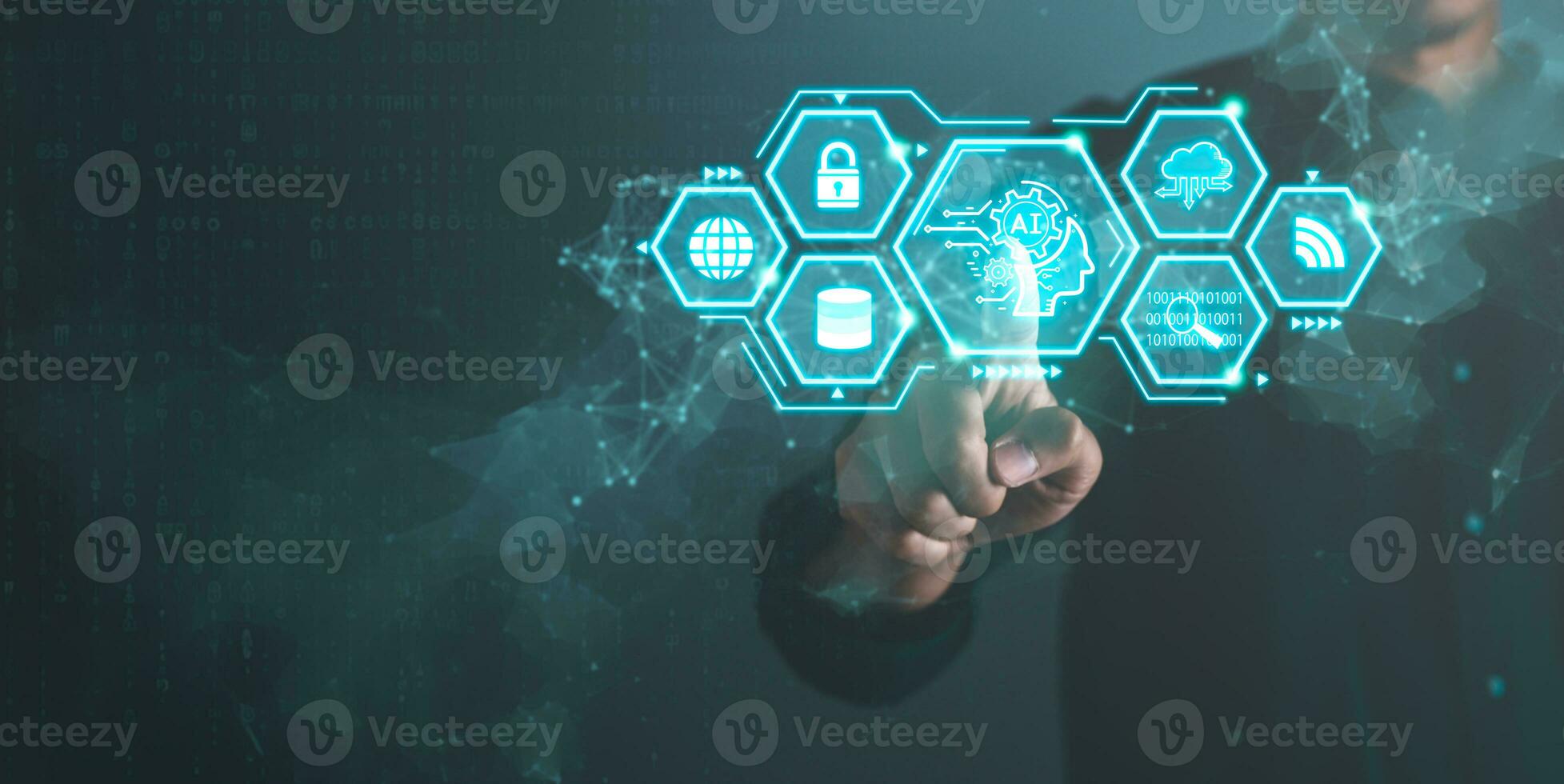 Digital information technology concept. Businessman and artificial intelligence icon on the screen. Chatbot and AI concept. photo