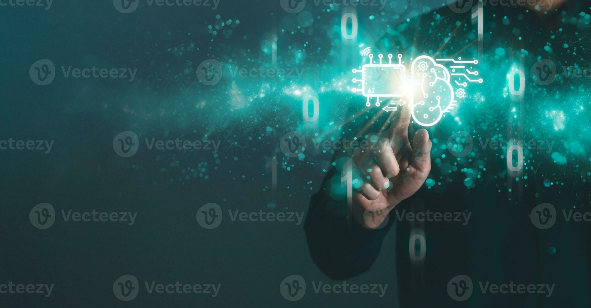 Digital information technology concept. Businessman and artificial intelligence icon on the screen. Chatbot and AI concept. photo