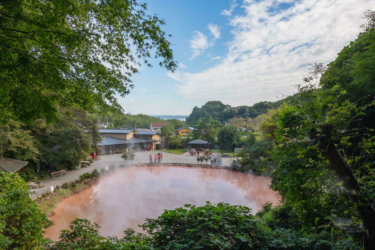 Beppu,Oita,Kyushu,Japan - October 15, 2018 Chinoike Jigoku, natural hot spring, the blood pond hell, Red water and hot photo