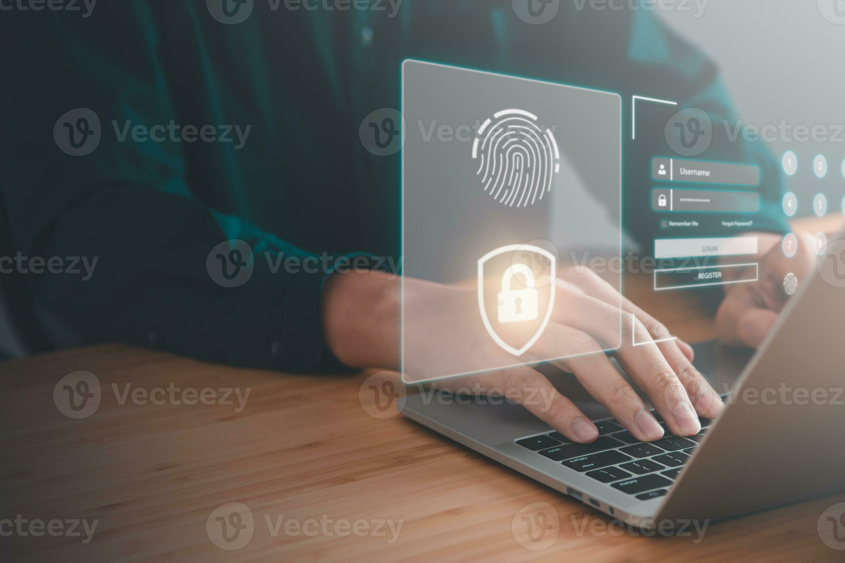 Data Security system concept, Business man use laptop with security ...