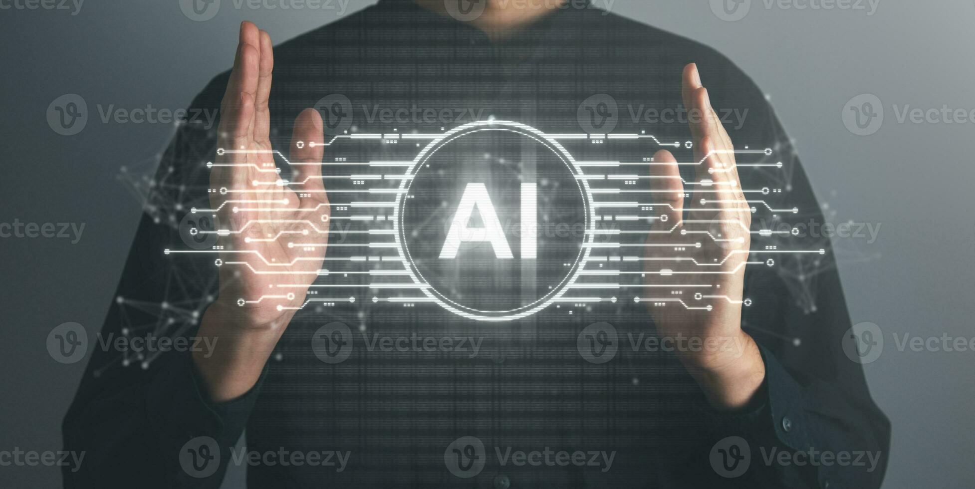 Digital information technology concept. Businessman touching artificial intelligence icon. Chatbot and AI concept. photo