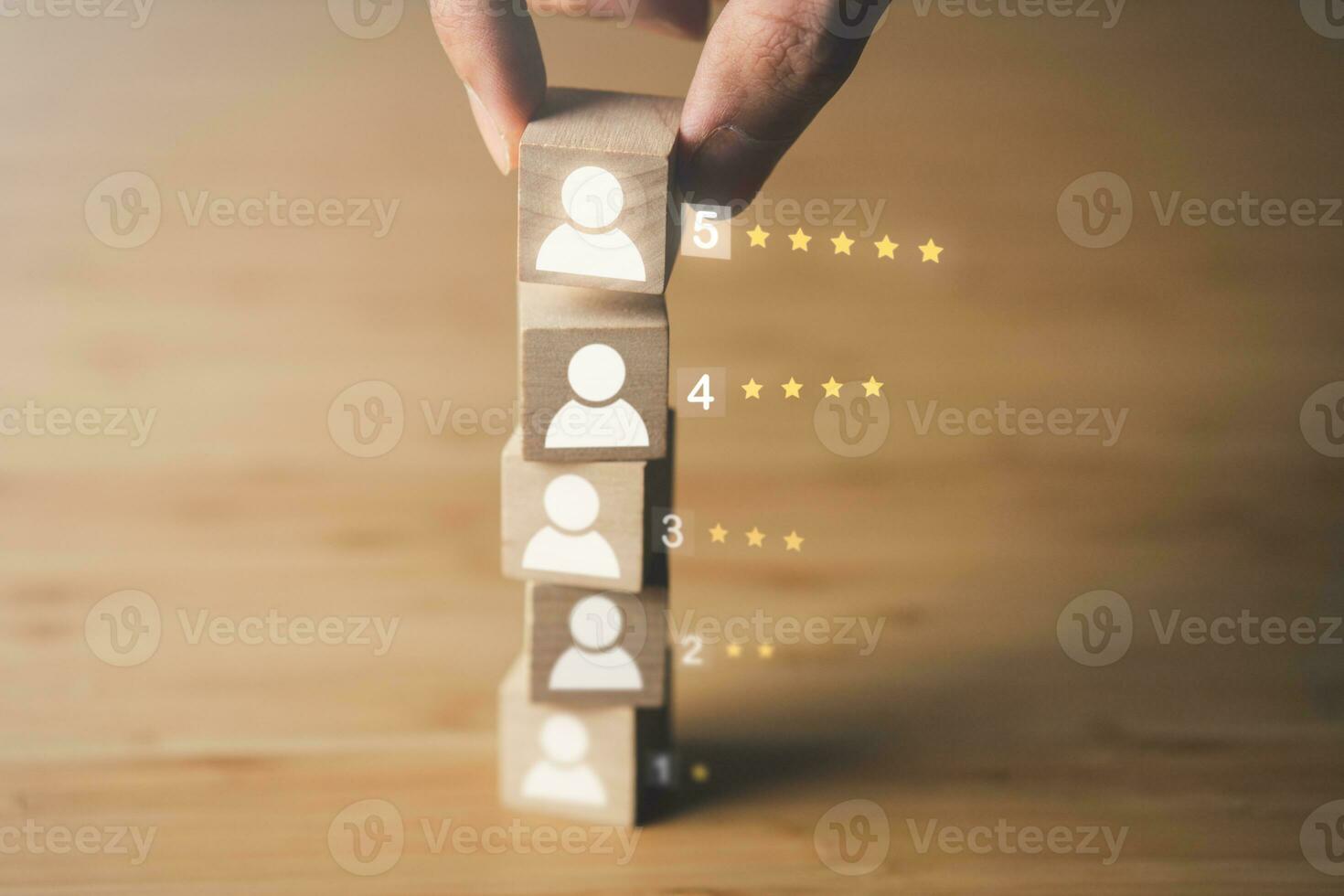 Wooden block of survey rating icon for customer satisfaction scores. customer satisfaction concept. photo