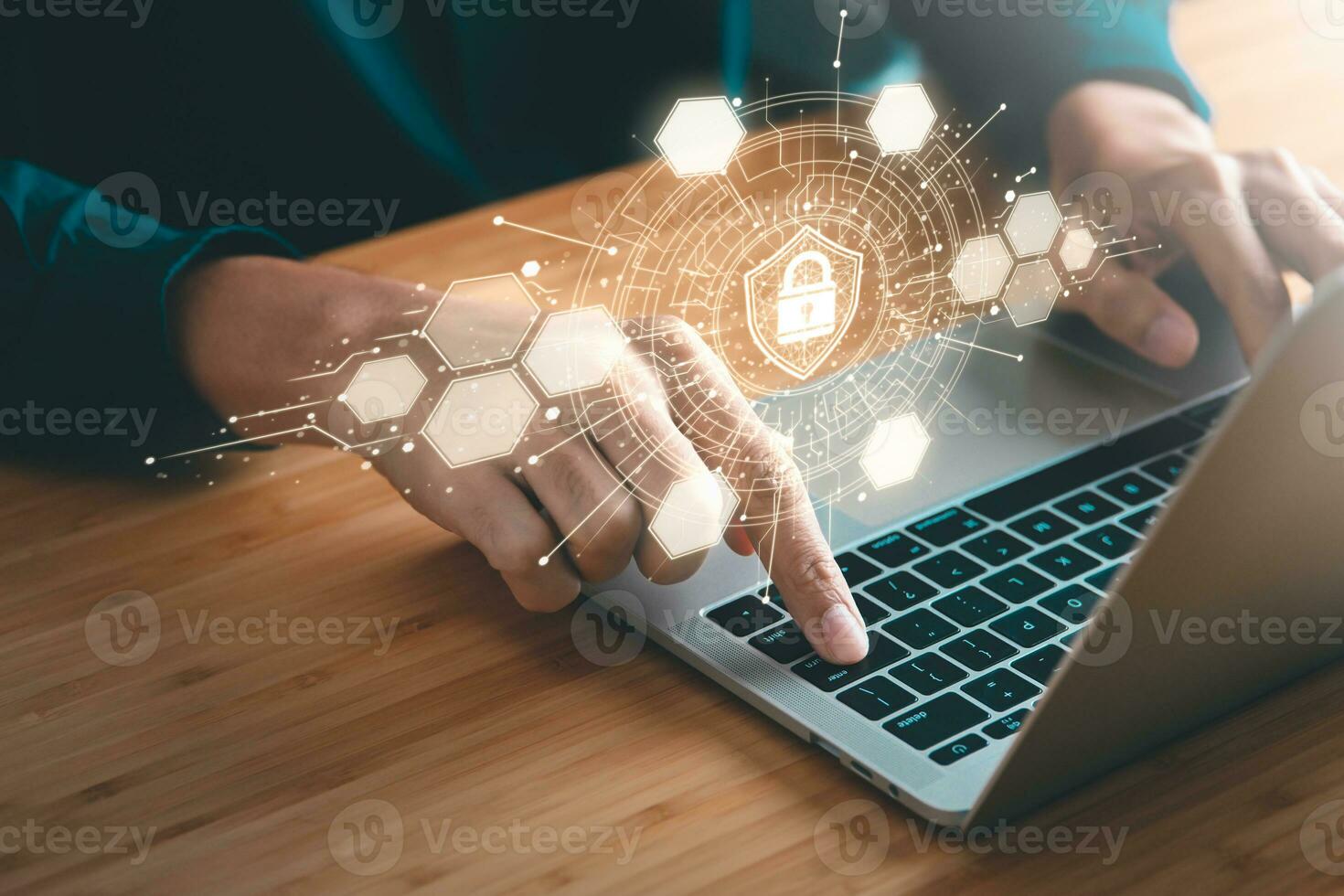 Data Security system concept, Business man use laptop with security ...