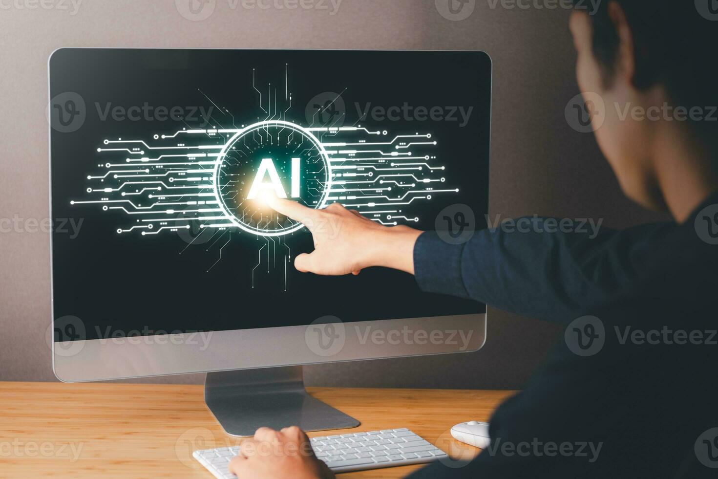 Digital information technology concept. Businessman and artificial intelligence icon on the screen. Chatbot and AI concept. photo