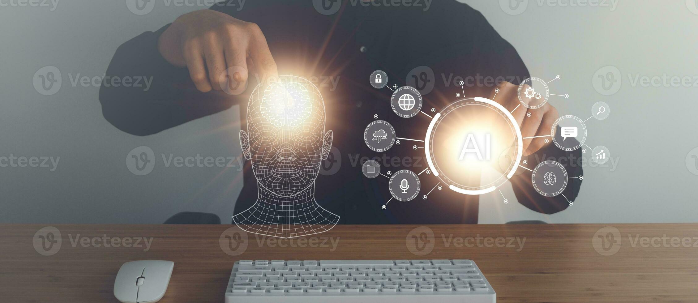 Business man holding digital screen of AI icon artificial intelligence. Machine learning concept, big data, science, innovation technology, cloud computing, futuristic, internet network communication photo